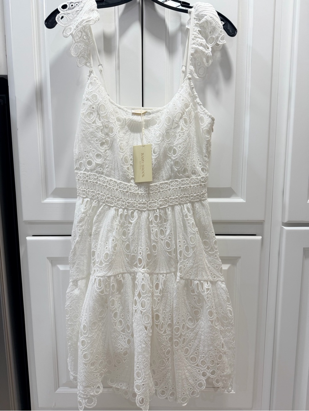 Ramy Brook White Lace Tiered Ruffle Strap Dress